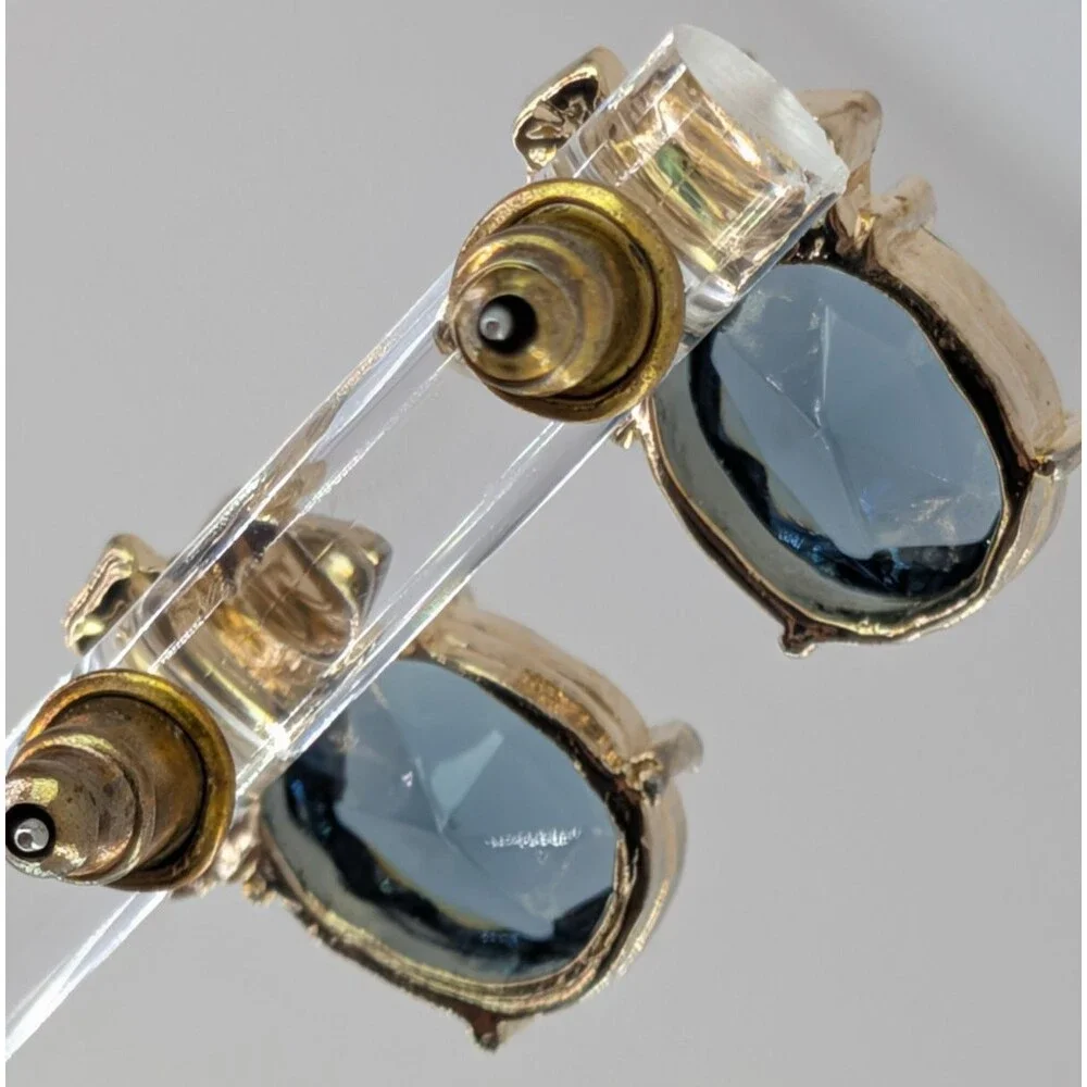 Vintage Blue Glass Stud Earrings Clear Rhinestone Crown Gold Tone Pierced 15mm